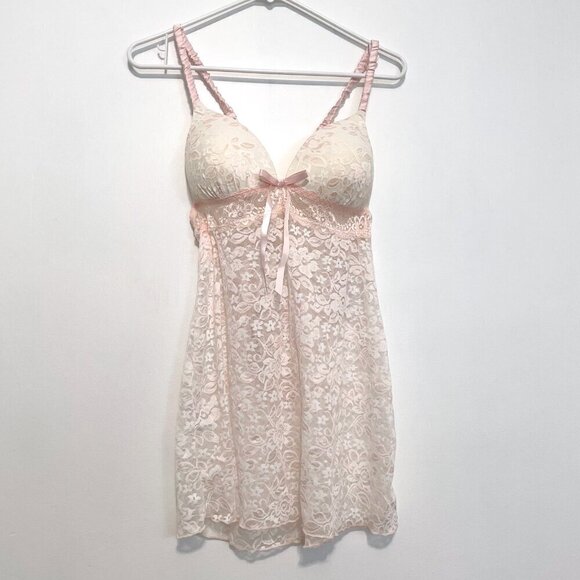 NEW NWT LILAC + LONDON Stretch Lace Chemise Thong Panty Lingerie Set White Pink - Picture 2 of 16